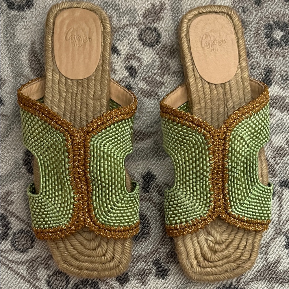 Castaner Green and Gold Beaded Slides